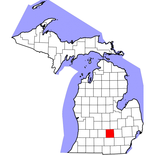 A map of the State of Michigan with Ingham County highlighted in red.